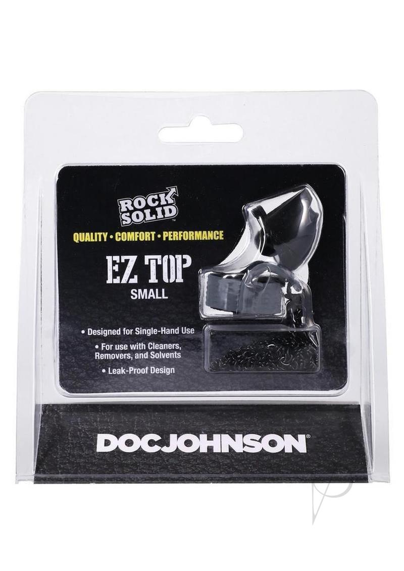 Rock Solid EZ Top Small Black Lube Bottle Cap packaging designed for single-hand use and leak-proof performance.