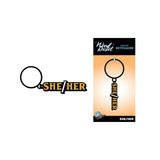 Wood Rocket She Her Keychain Black Gold showing black and gold enamel with SHE/HER text on keychain.