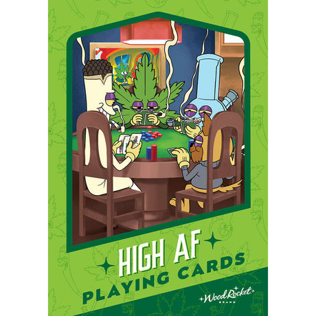 Wood Rocket High AF Cannabis Playing Cards featuring colorful cartoon characters playing cards in a humorous setting.
