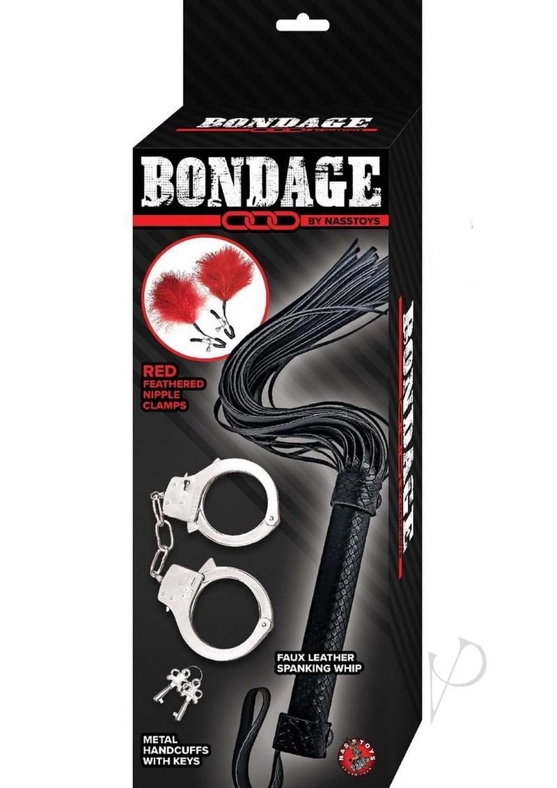 Nasstoys Bondage Whip Feather Clamps and Cuffs Kit Red packaging featuring feather clamps and handcuffs.