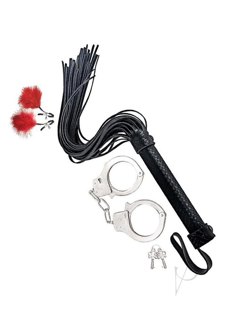 Nasstoys Bondage Whip Feather Clamps and Cuffs Kit Red with whip, cuffs, and feather clamps.