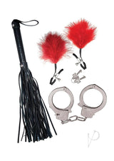 Nasstoys Bondage Whip Feather Clamps and Cuffs Kit Red displayed with whip, feather clamps, and handcuffs.