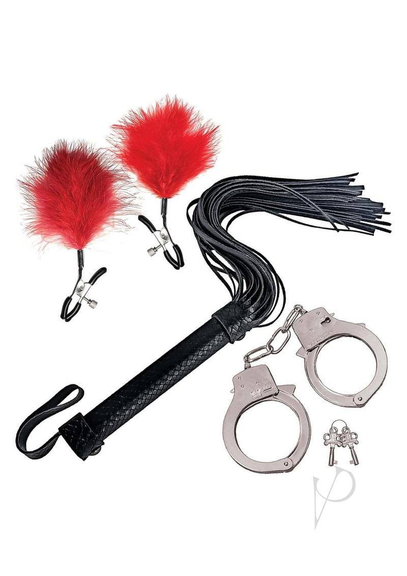 Nasstoys Bondage Whip Feather Clamps and Cuffs Kit Red including red feather clamps and cuffs.