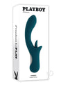 Playboy Harmony Silicone Clitoral Tongue Vibrator Green packaging featuring a sleek design and vibrant color.