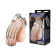 Blue Line Prisoner Cock Cage Silver displayed with its packaging, showcasing a stainless-steel chastity device.