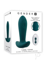 Gender X Tunnel Tapper Rechargeable Silicone Anal Plug Green packaging featuring dual tapper design for enhanced pleasure.