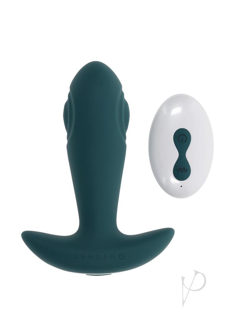 Gender X Tunnel Tapper Rechargeable Silicone Anal Plug Green with remote control for enhanced stimulation.