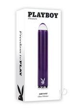 Playboy Amethyst Rechargeable Silicone Vibrator Purple in elegant packaging featuring the Playboy logo.