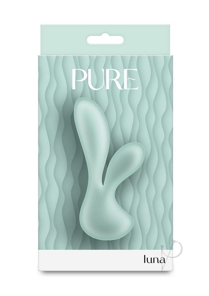Pure Luna Rechargeable Silicone Rabbit Vibrator Teal in teal packaging with a modern design.