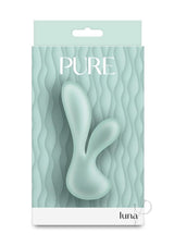 Pure Luna Rechargeable Silicone Rabbit Vibrator Teal in teal packaging with a modern design.