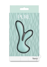 Pure Luna Rechargeable Silicone Rabbit Vibrator Teal packaging with a soft teal finish and dual-action design.