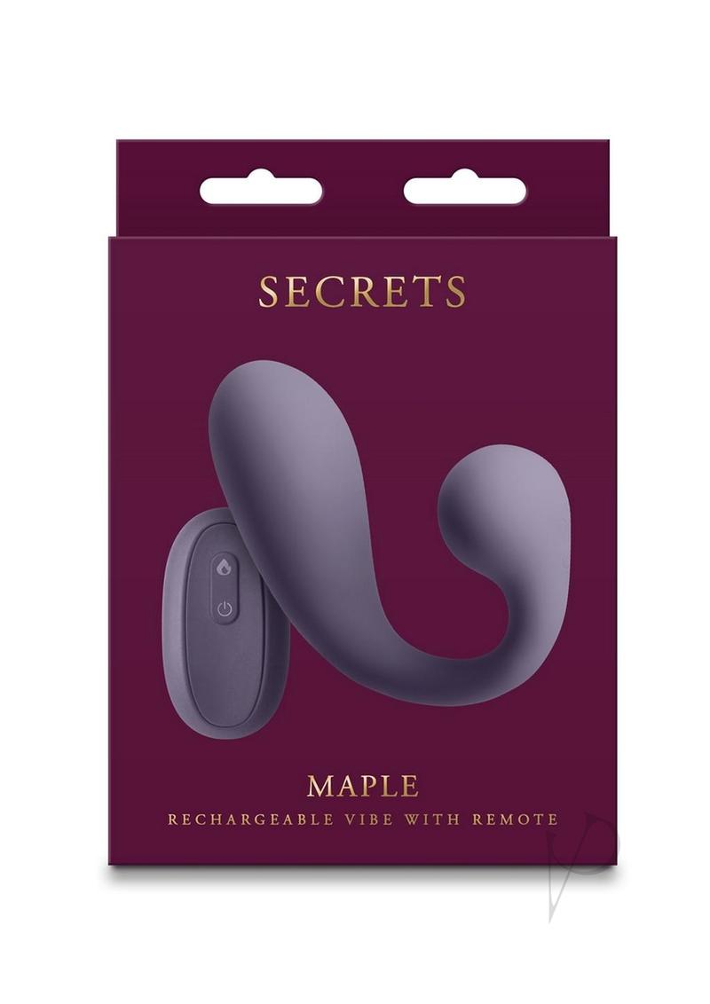 Secrets Maple Silicone G-Spot Warming Vibrator Purple packaging with remote control, designed for pleasure.