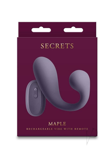 Secrets Maple Silicone G-Spot Warming Vibrator Purple packaging with remote control, designed for pleasure.