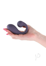 Secrets Maple Silicone G-Spot Warming Vibrator Purple held in hand for size reference.