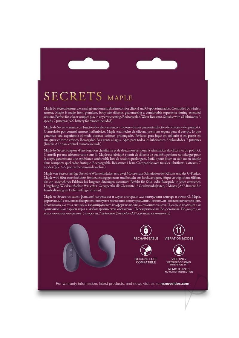 Secrets Maple Silicone G-Spot Warming Vibrator Purple product packaging showcasing features and design.