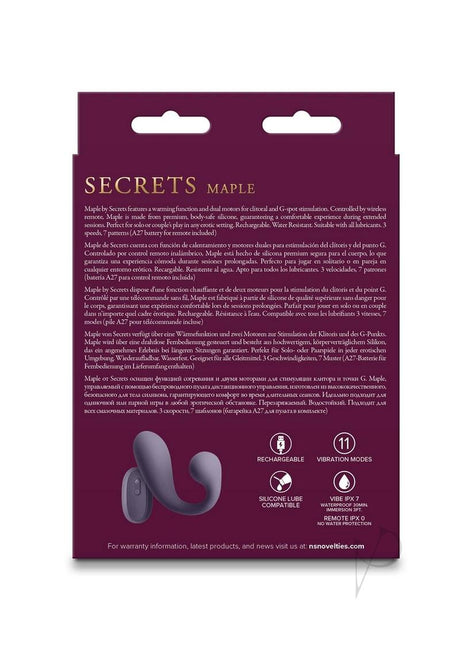 Secrets Maple Silicone G-Spot Warming Vibrator Purple product packaging showcasing features and design.