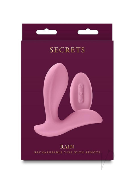 Secrets Rain Silicone Remote Control Vibrator Pink in packaging, showcasing a sleek design and remote control for pleasure.