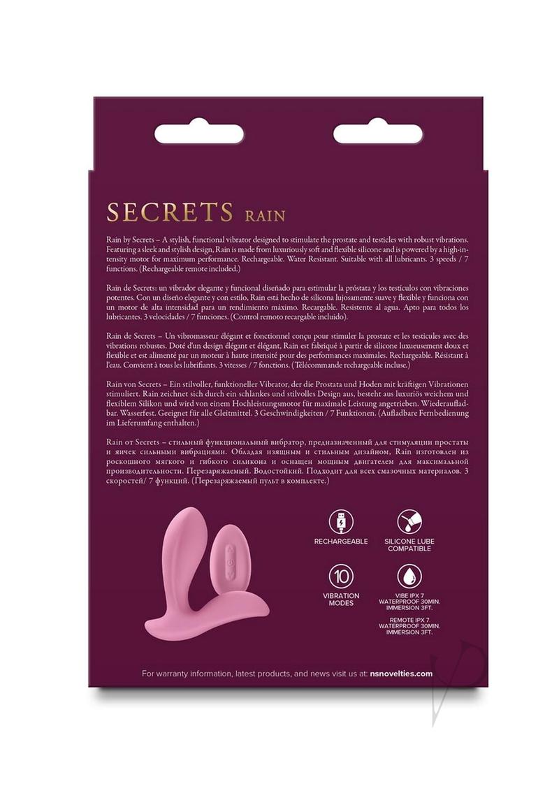 Secrets Rain Silicone Remote Control Vibrator Pink packaging with features and instructions on the back.