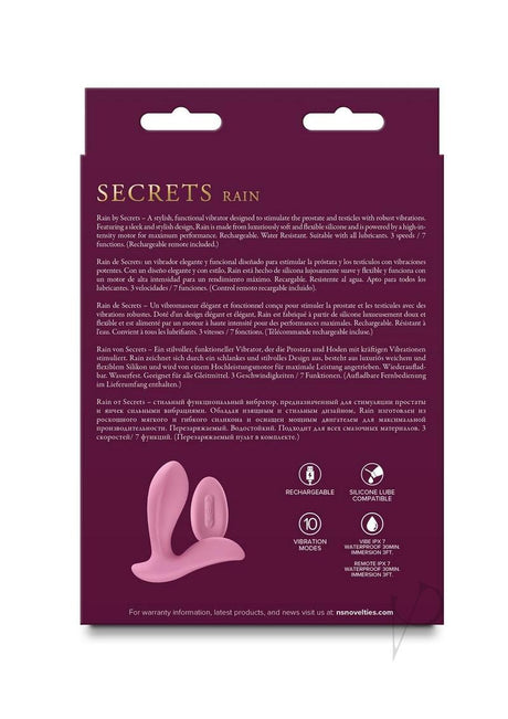 Secrets Rain Silicone Remote Control Vibrator Pink packaging with features and instructions on the back.