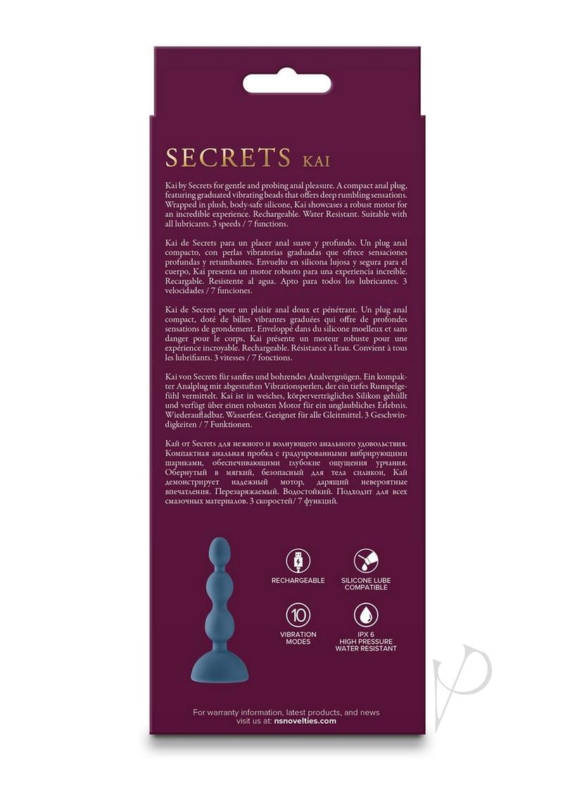Secrets Kai Rechargeable Silicone Anal Plug Teal packaging with product features and instructions for backdoor exploration.