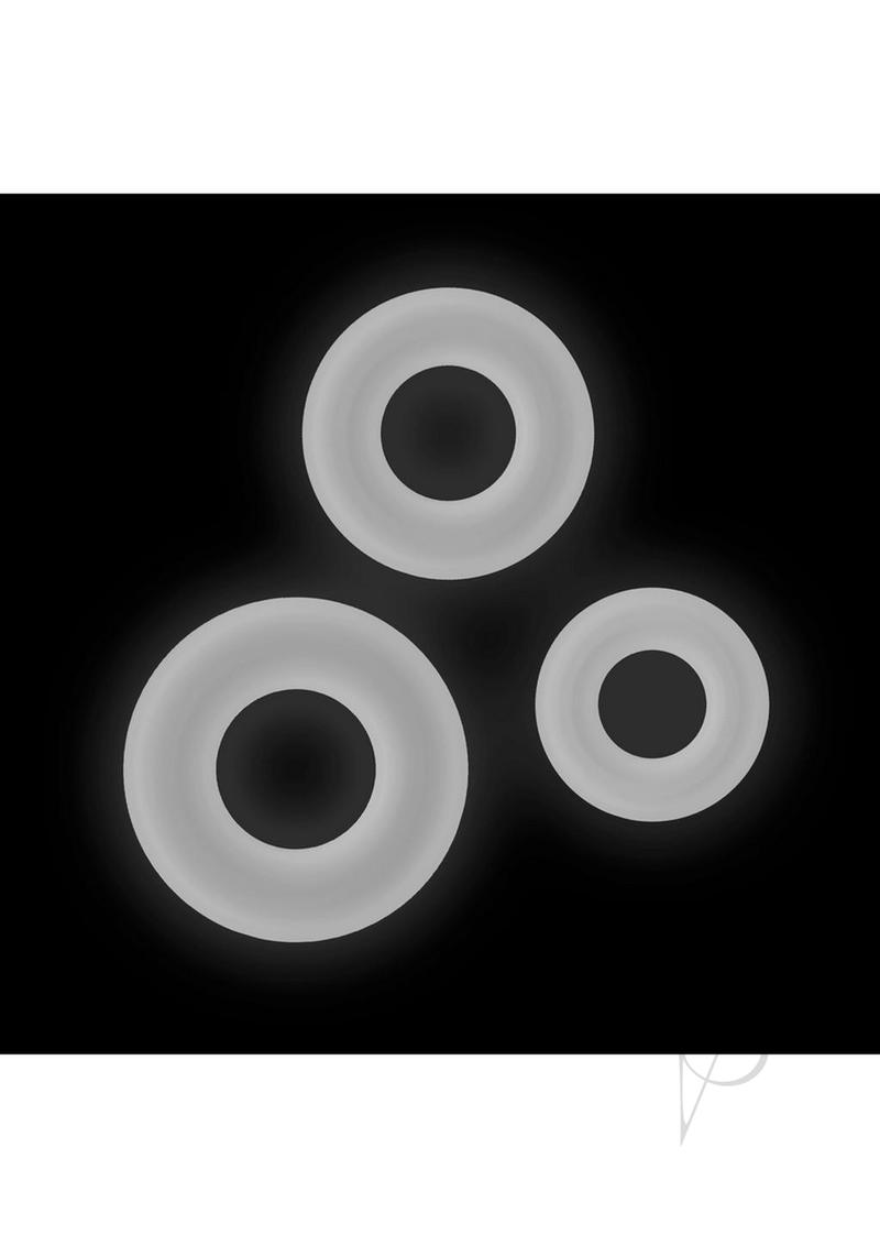 Firefly Bubble Ring Glow in the Dark Cock Ring Set White displayed against a dark background, showcasing three soft rings.