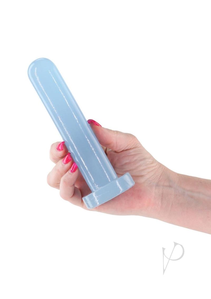 Firefly Thrill Glow in The Dark Dildo Small Blue held in a hand, showcasing its design and luminous color.