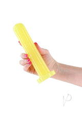 Firefly Thrill Glow in The Dark Dildo Large Yellow held in hand with vibrant yellow color.