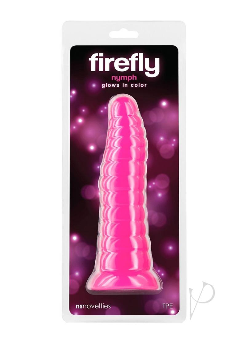 Firefly Nymph Glow in The Dark Dildo Pink packaging featuring a luminous design and playful pink color.