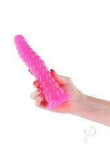Close-up of a hand holding the Firefly Nymph Glow in The Dark Dildo Pink with a textured, luminous design.