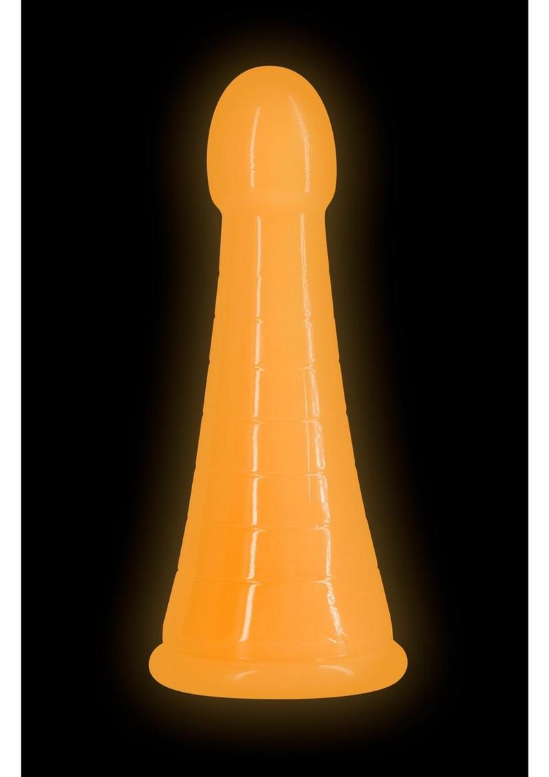 Firefly Phoenix Glow in The Dark Dildo Orange illuminating against a dark background, showcasing its vibrant glow.