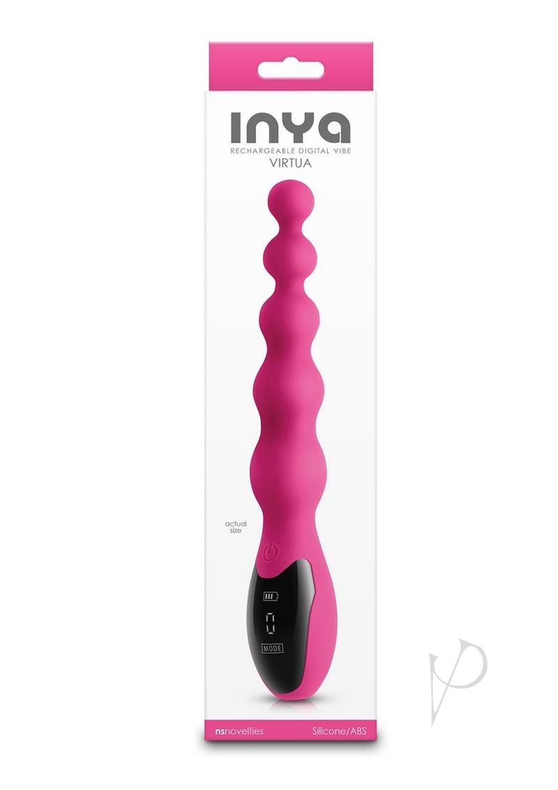 Inya Virtual Rechargeable Silicone Vibrator Pink in packaging showcasing its sleek design and graduated beads.