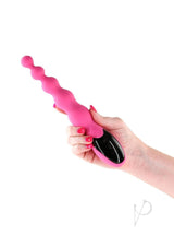 Inya Virtual Rechargeable Silicone Vibrator Pink held in a hand, showcasing its sleek design and graduated beads.