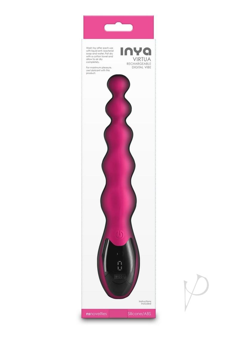 Inya Virtual Rechargeable Silicone Vibrator Pink in packaging, featuring graduated beads and sleek digital control.