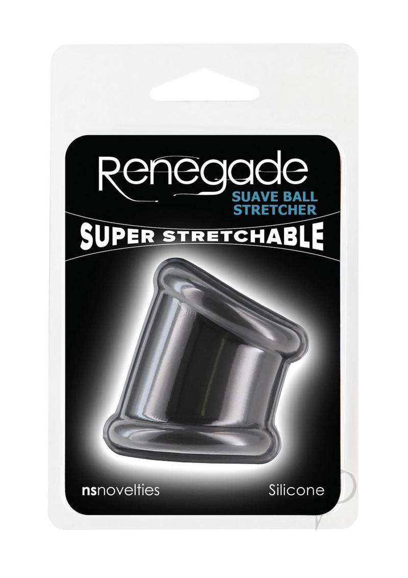Renegade Suave Silicone Ball Stretcher Cock Ring Black on packaging showcasing its super stretchable design.