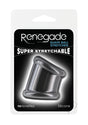 Renegade Suave Silicone Ball Stretcher Cock Ring Black on packaging showcasing its super stretchable design.