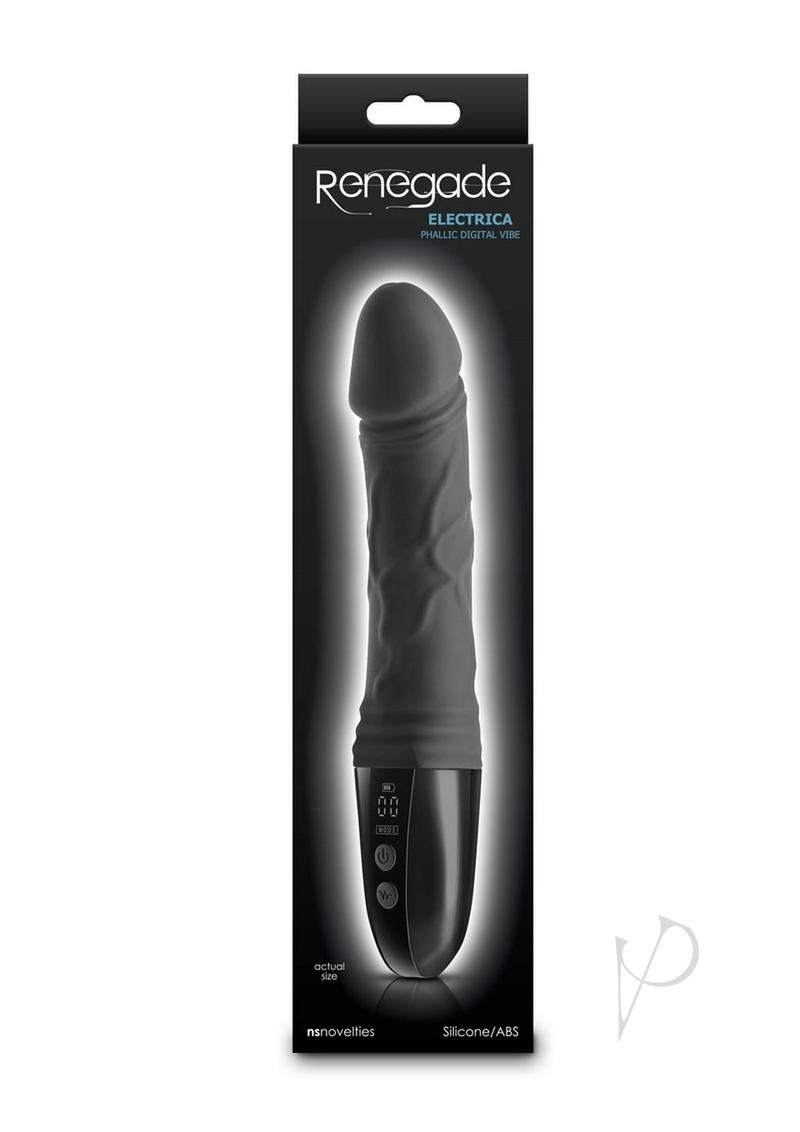 Renegade Electrica Rechargeable Silicone Vibrator Black in packaging showcasing innovative design and features.