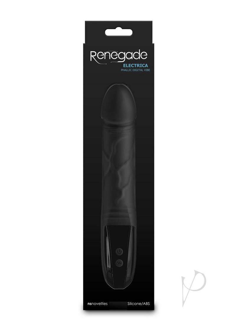 Renegade Electrica Rechargeable Silicone Vibrator Black in packaging, featuring a sleek design and digital controls.