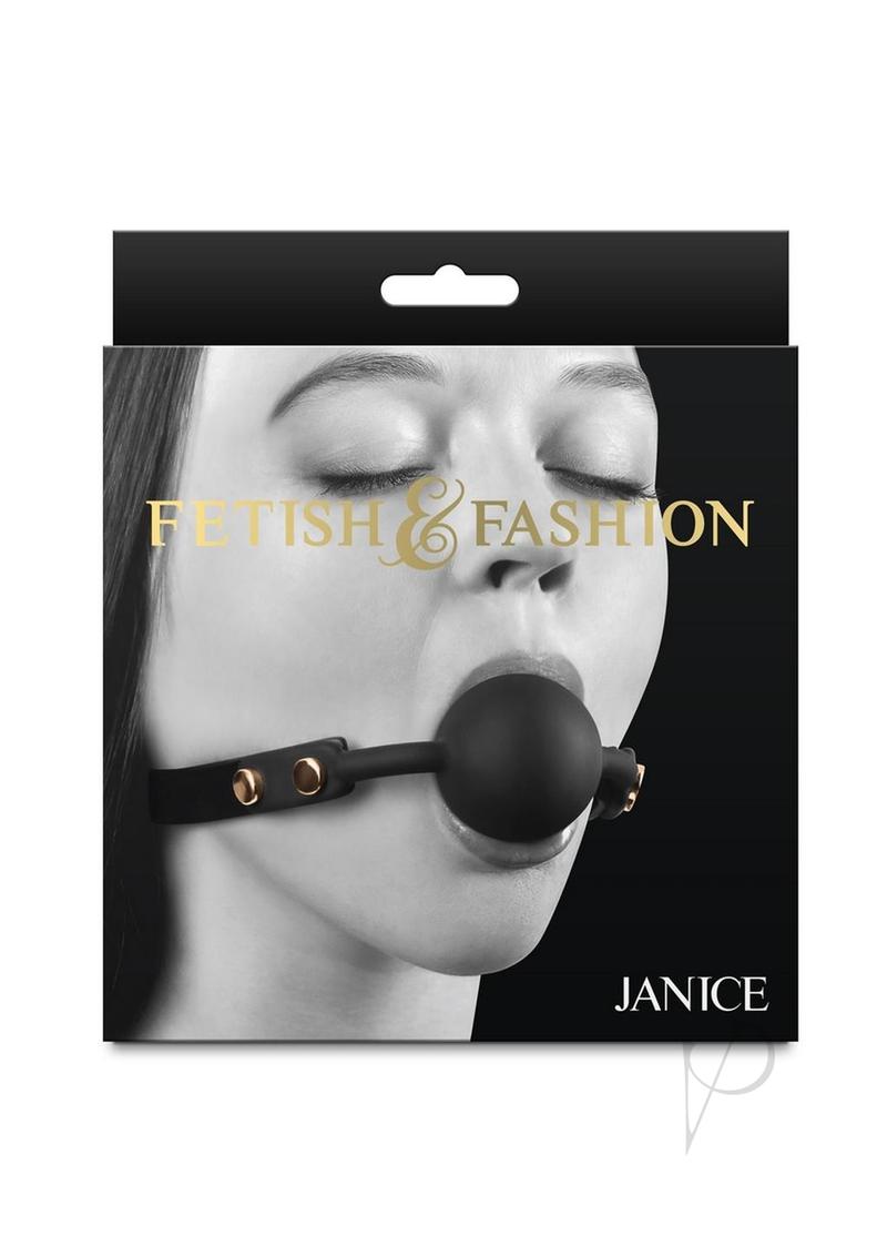 Fetish and Fashion Janice Ball Gag Black in packaging with model wearing ball gag.
