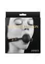 Fetish and Fashion Janice Ball Gag Black in packaging with model wearing ball gag.