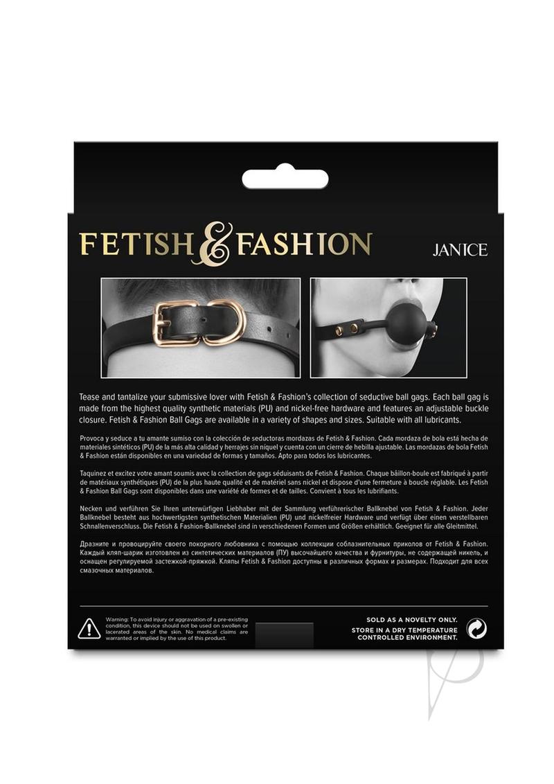 Fetish and Fashion Janice Ball Gag Black packaging showcasing the elegant design and adjustable features.