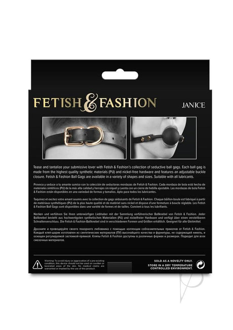 Fetish and Fashion Janice Ball Gag Black packaging showcasing the elegant design and adjustable features.