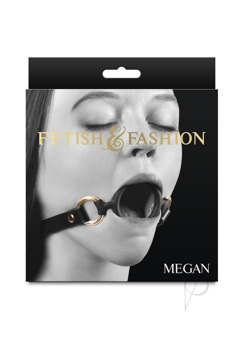 Fetish and Fashion Megan Silicone Ball Gag Black packaging featuring model with gag.
