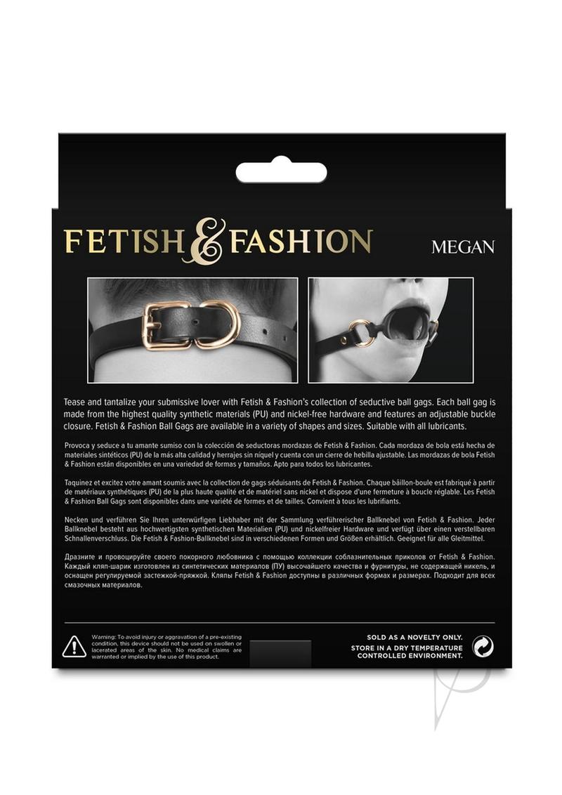 Fetish and Fashion Megan Silicone Ball Gag Black packaging with descriptions and features of the product.