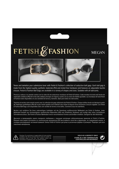 Fetish and Fashion Megan Silicone Ball Gag Black packaging with descriptions and features of the product.
