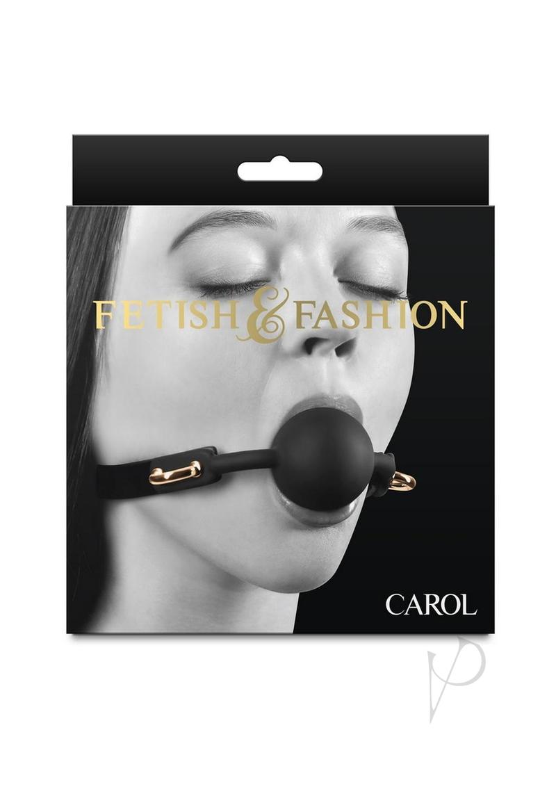 Fetish and Fashion Carol Silicone Ball Gag Black package featuring a model with the gag in place.