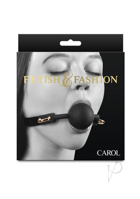 Fetish and Fashion Carol Silicone Ball Gag Black package featuring a model with the gag in place.