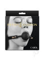 Fetish and Fashion Carol Silicone Ball Gag Black package featuring a model with the gag in place.
