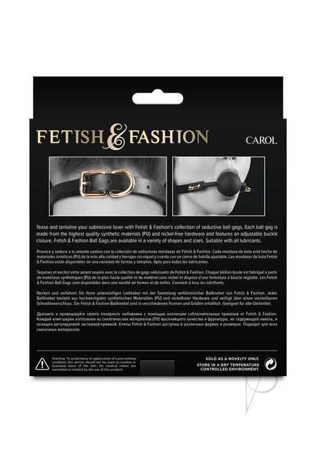Fetish and Fashion Carol Silicone Ball Gag Black packaging designed for immersive BDSM play.