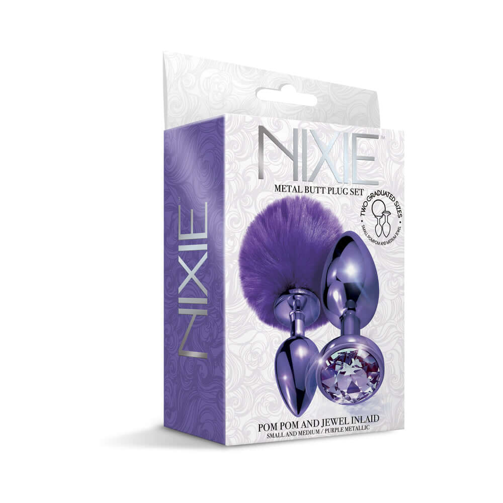 NIXIE Metal Butt Plug Set Pom Pom & Jewel-Inlaid Purple packaging displaying small and medium plugs with vibrant purple design.