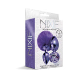 NIXIE Metal Butt Plug Set Pom Pom & Jewel-Inlaid Purple packaging displaying small and medium plugs with vibrant purple design.
